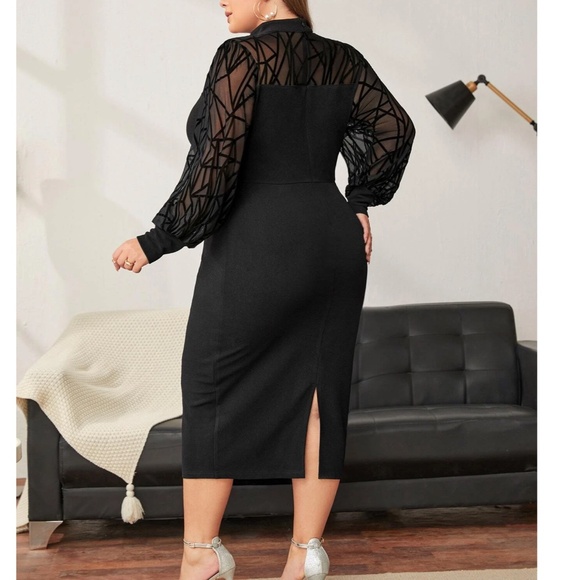 Plus Black Mock Neck Semi Sheer Long Sleeve Fitted Dress - Picture 5 of 5